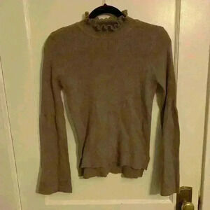 EVIDNT tan bell sleeve ruffle mock neck sweater, Women’s Size Small